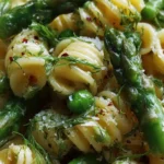 Colorful fresh spring pasta salad with asparagus and lemon dill dressing.