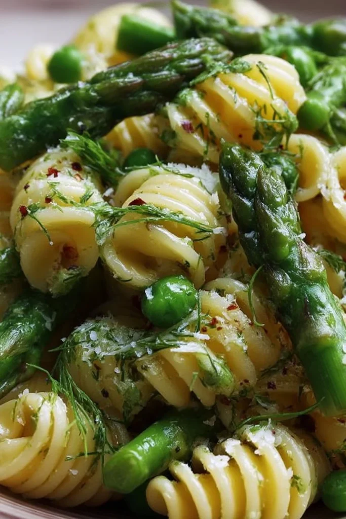 Colorful fresh spring pasta salad with asparagus and lemon dill dressing.