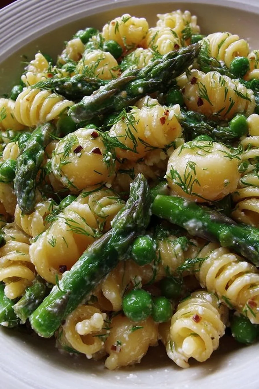 Fresh spring pasta salad with asparagus and lemon dill vinaigrette served in a bowl.