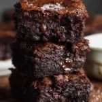Delicious fudgy brownies served on a plate, topped with chocolate drizzle.