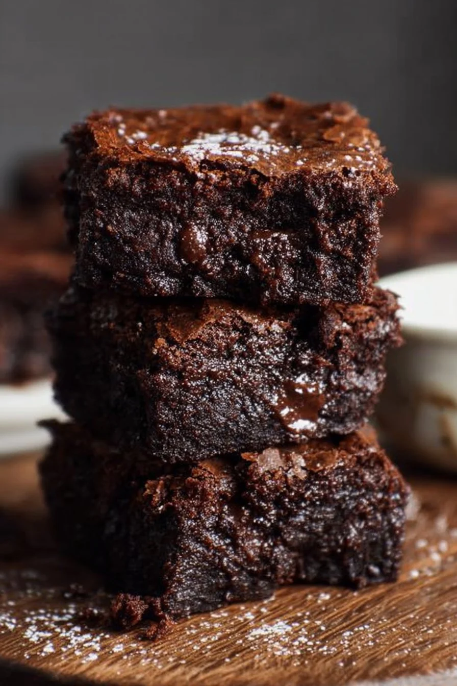 Delicious fudgy brownies served on a plate, topped with chocolate drizzle.