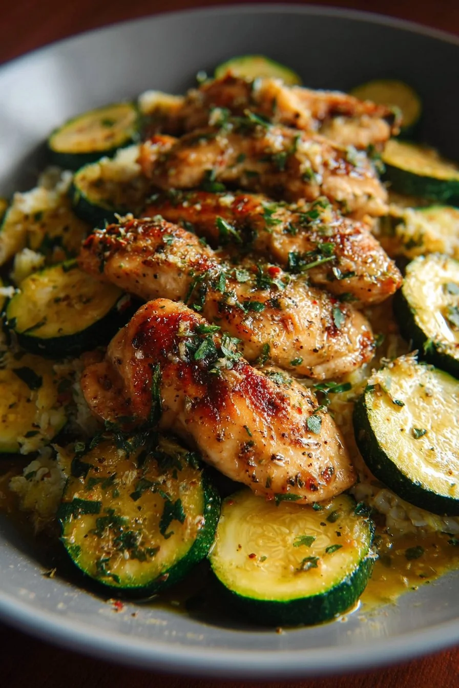 Garlic Butter Chicken served with Zucchini on a plate