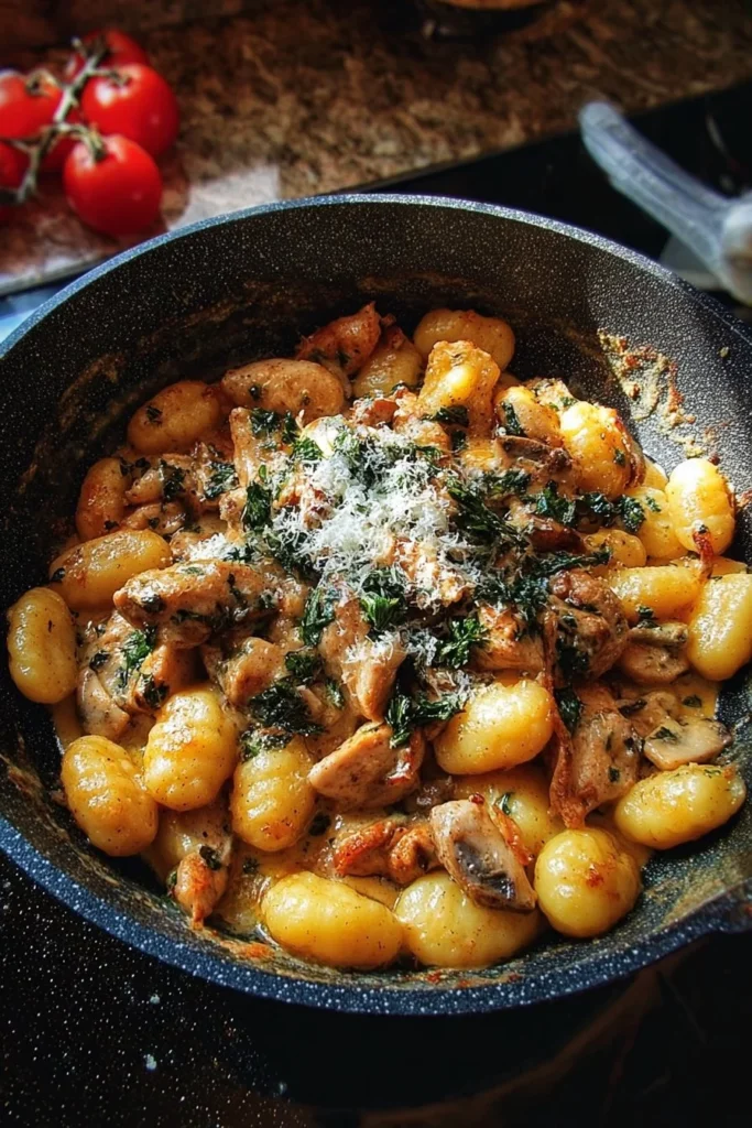Delicious Garlic Chicken Gnocchi Skillet with herbs and garlic sauce
