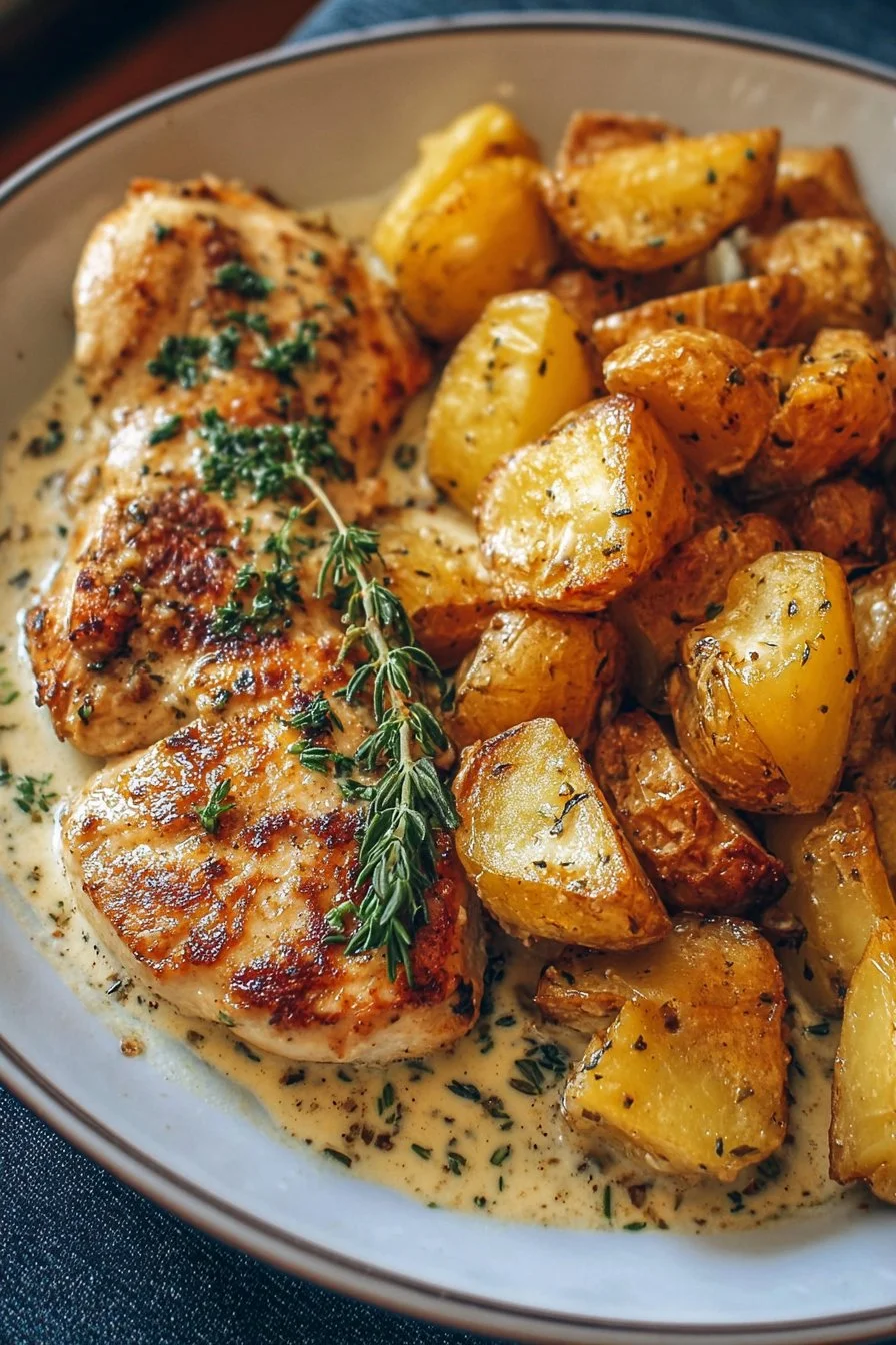 Delicious Garlic Parmesan Chicken served with roasted potatoes