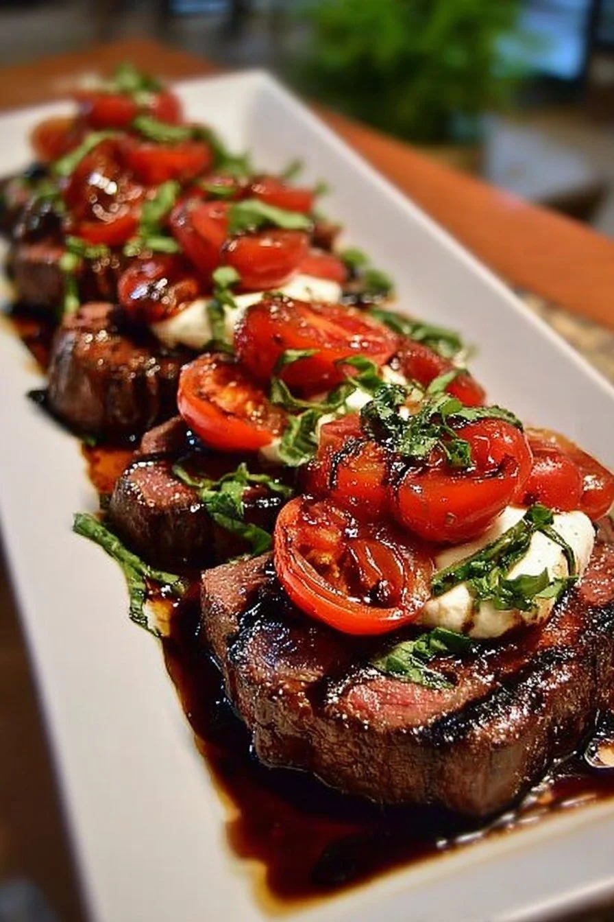 Grilled Balsamic Steak Caprese with fresh tomatoes and basil.
