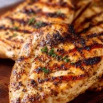 Juicy grilled chicken breasts seasoned to perfection on a grill.
