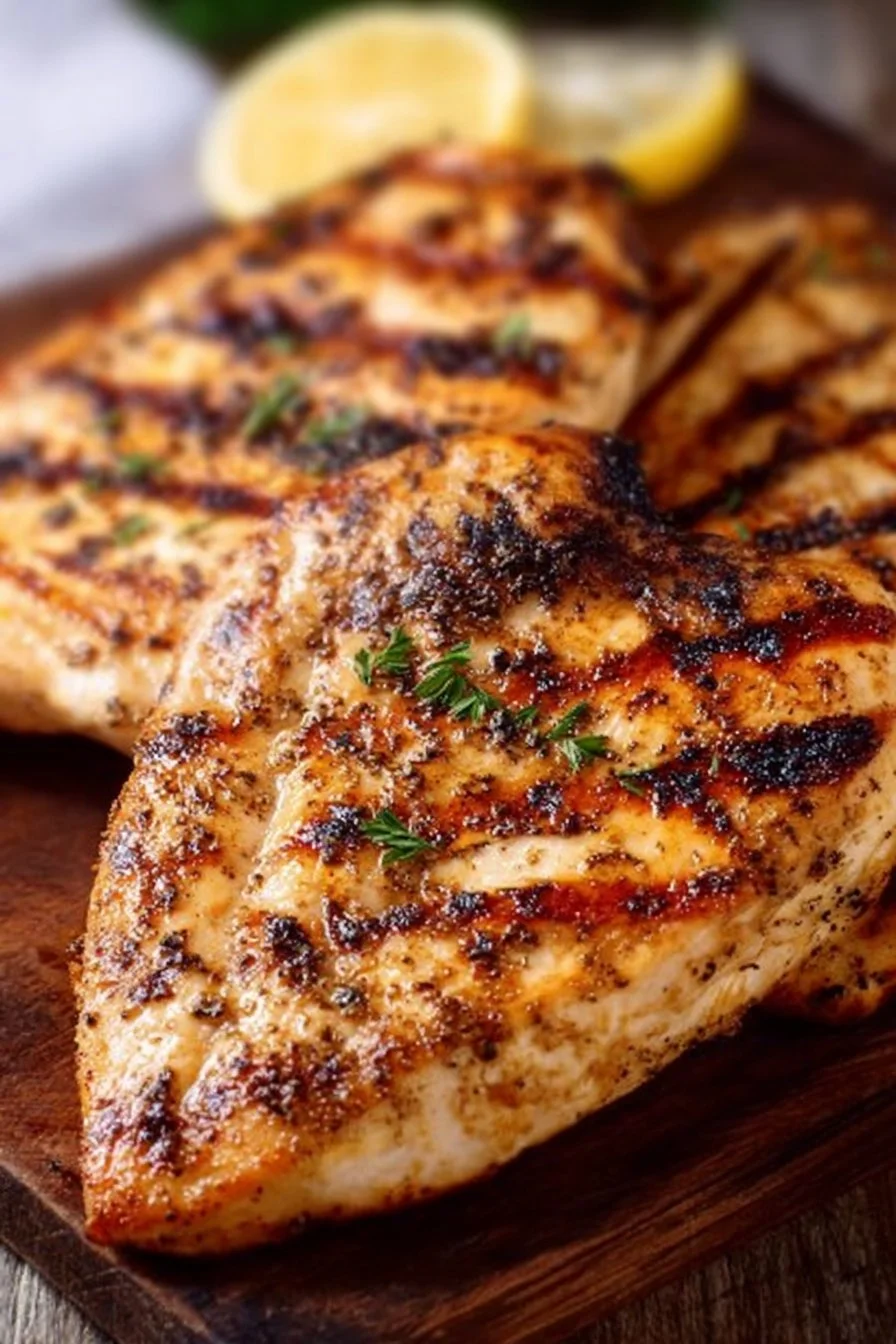 Juicy grilled chicken breasts seasoned to perfection on a grill.