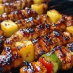 Juicy grilled pineapple chicken kabobs served on a platter with colorful vegetables.