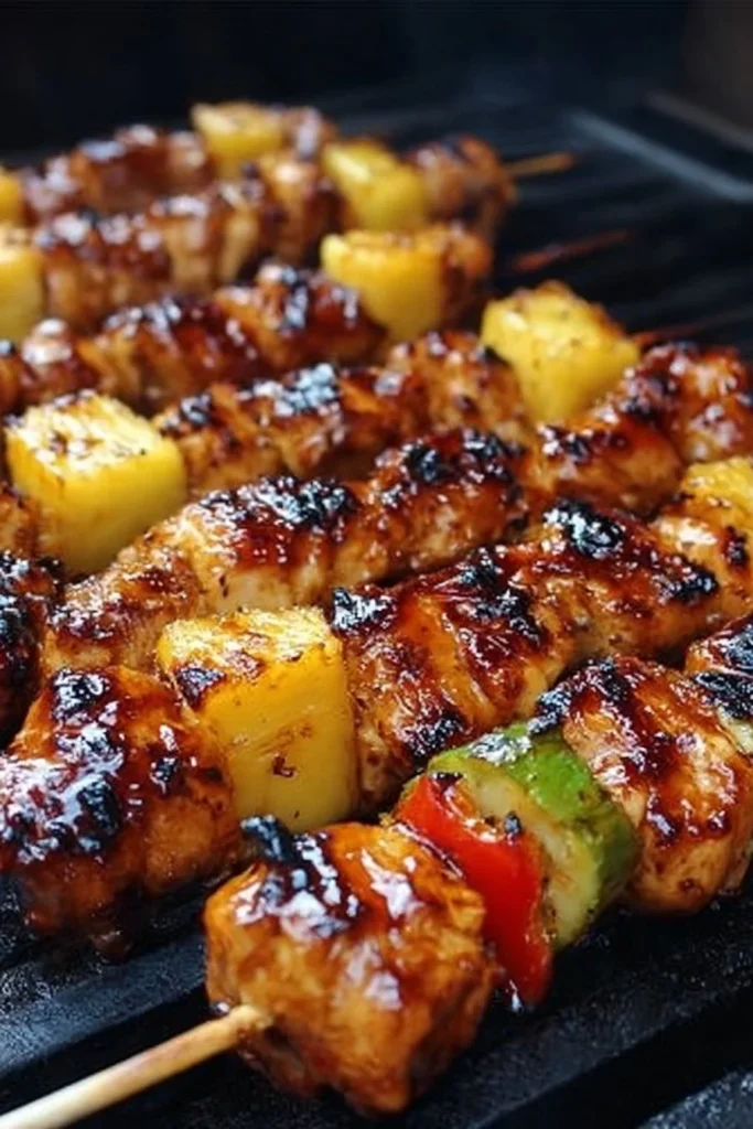Juicy grilled pineapple chicken kabobs served on a platter with colorful vegetables.