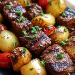 Grilled steak and potato kabobs served on skewers