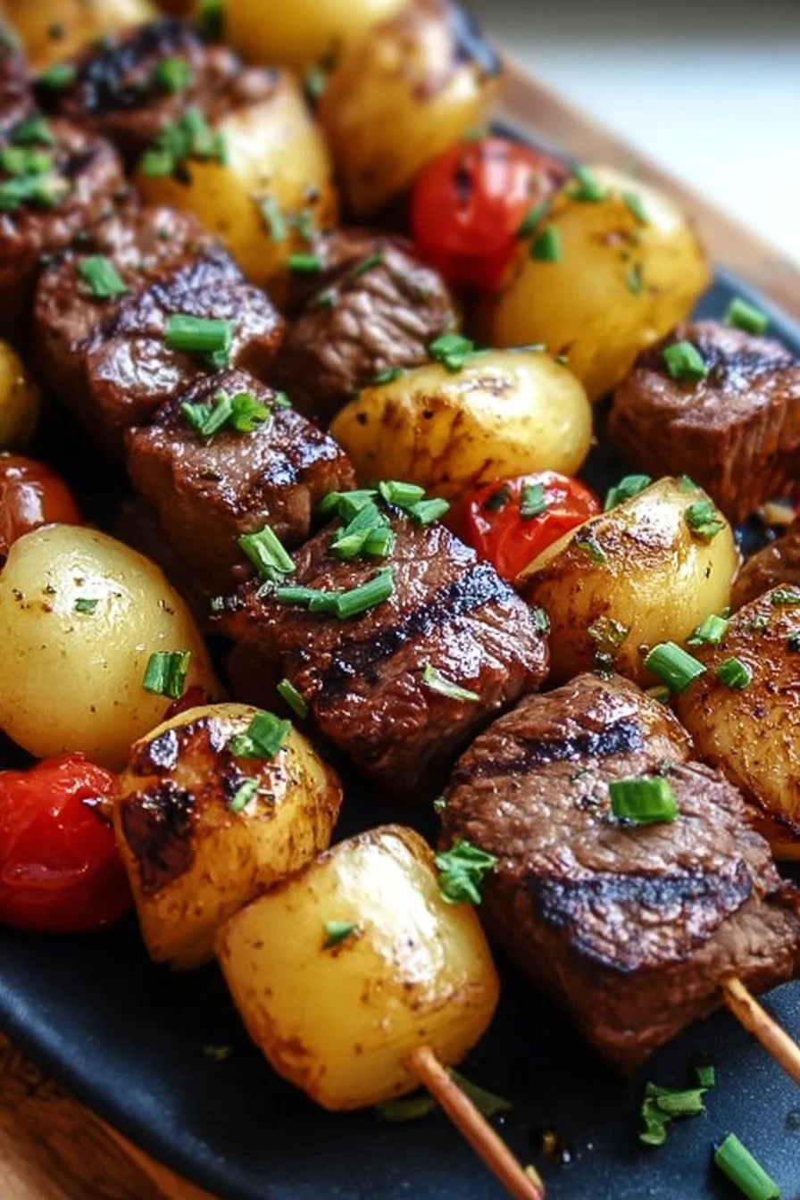 Grilled steak and potato kabobs served on skewers