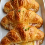 Freshly baked ham and cheese croissants on a rustic wooden table
