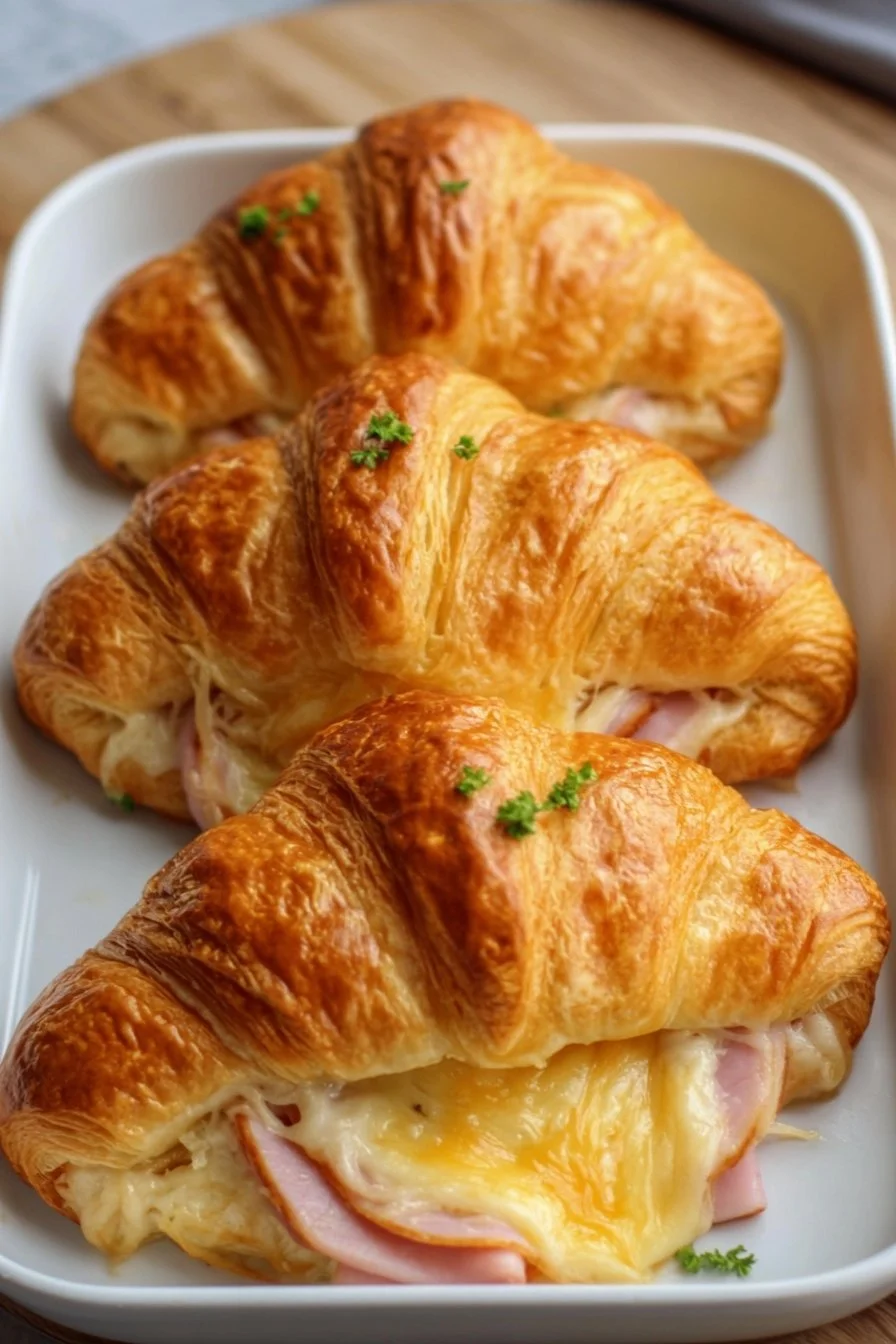 Freshly baked ham and cheese croissants on a rustic wooden table