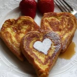 Heart-shaped French toast served with syrup and fruit on a plate