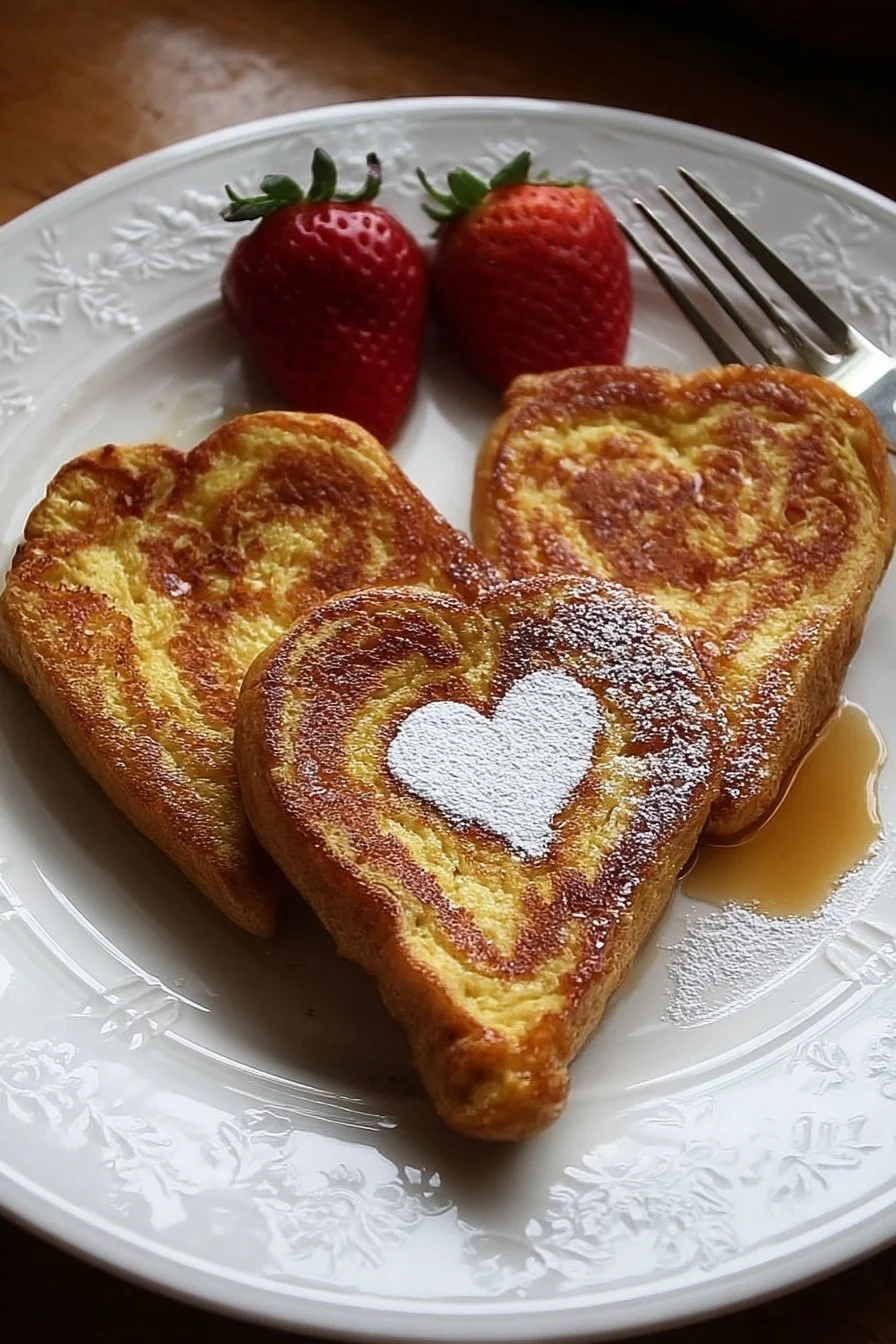 Heart-shaped French toast served with syrup and fruit on a plate