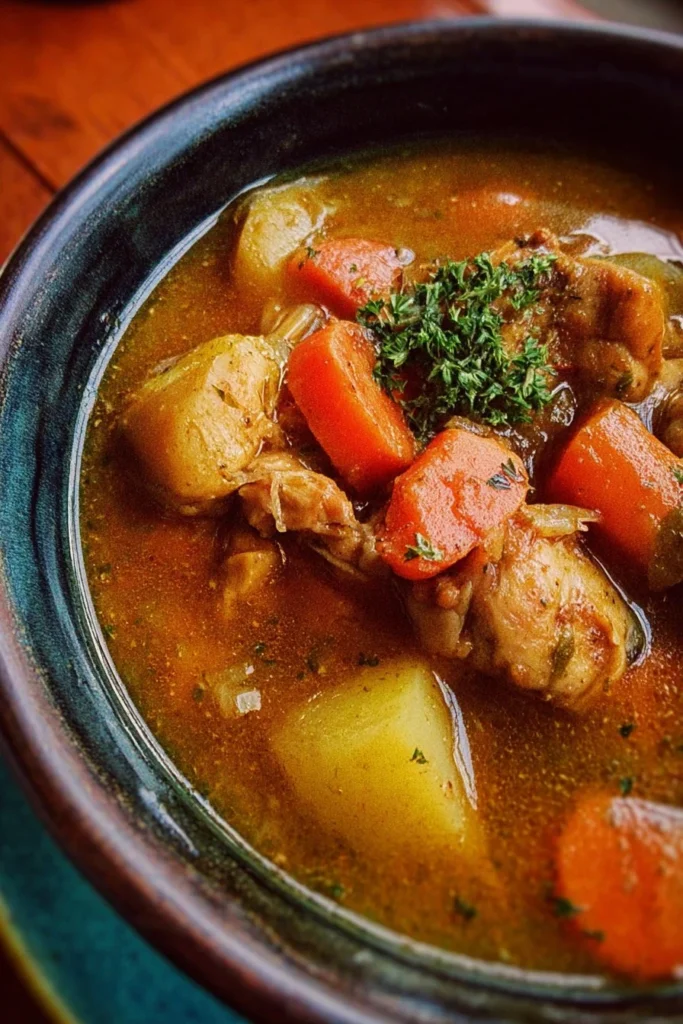 A bowl of hearty chicken stew filled with vegetables and herbs.