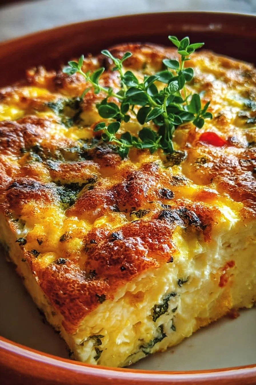 Delicious hearty cottage cheese egg bake served in a baking dish
