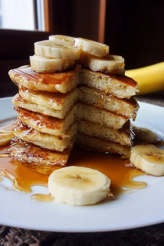 Fluffy homemade banana pancakes stacked on a plate with syrup and bananas
