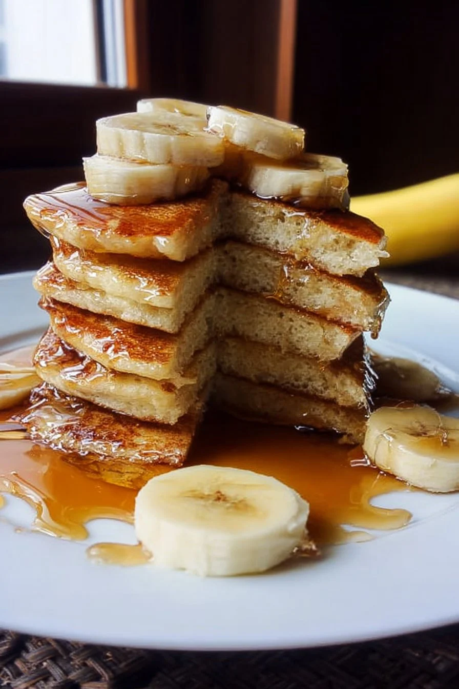 Fluffy homemade banana pancakes stacked on a plate with syrup and bananas