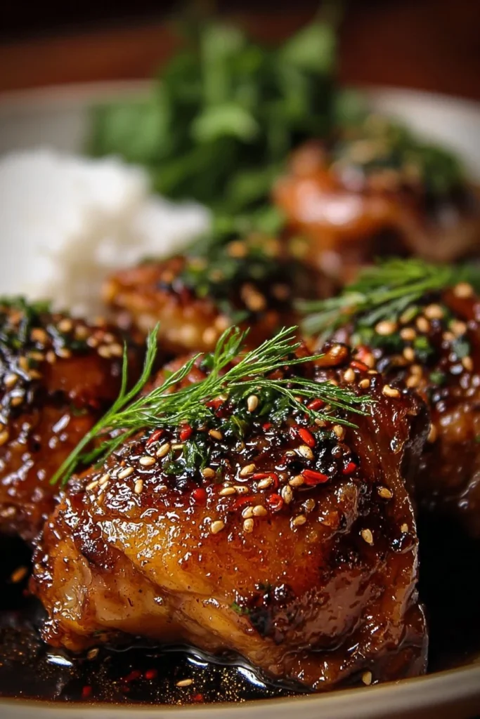 Delicious Honey Garlic Chicken Thighs served on a plate with garnishes