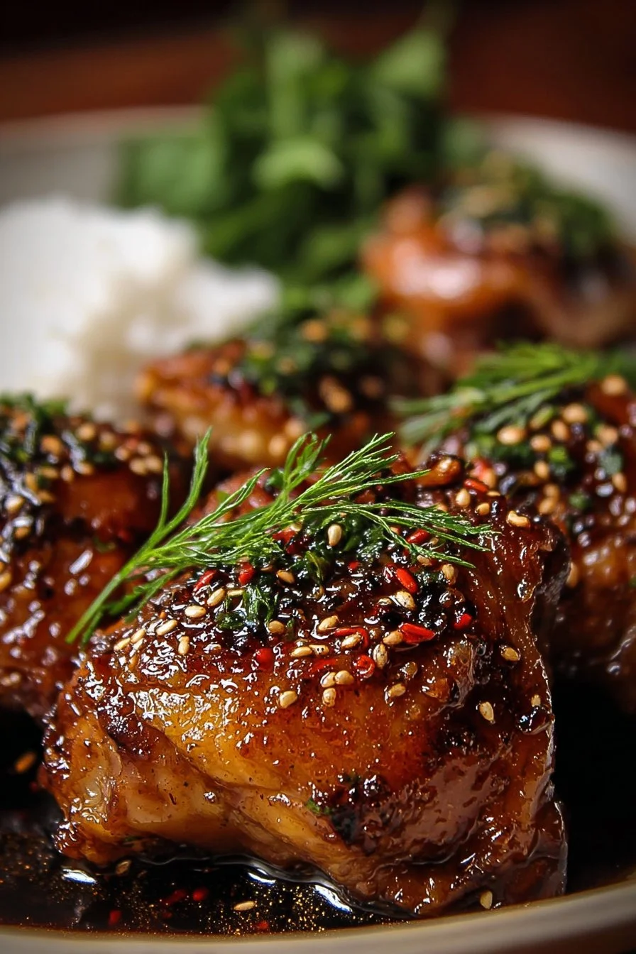 Delicious Honey Garlic Chicken Thighs served on a plate with garnishes