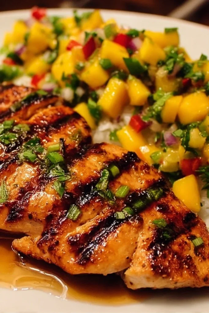 Honey Lime Chicken served with fresh Mango Salsa on a plate