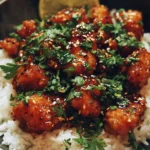 Delicious hot honey chicken bowl garnished with fresh herbs and veggies.