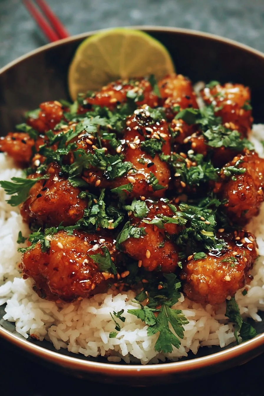Delicious hot honey chicken bowl garnished with fresh herbs and veggies.