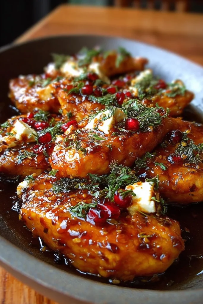 Hot Honey Feta Chicken dish garnished with herbs.