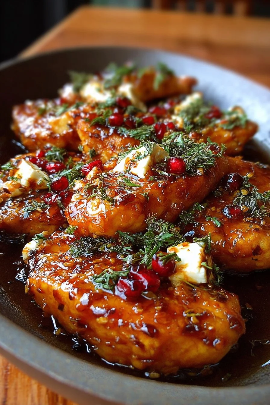 Hot Honey Feta Chicken dish garnished with herbs.