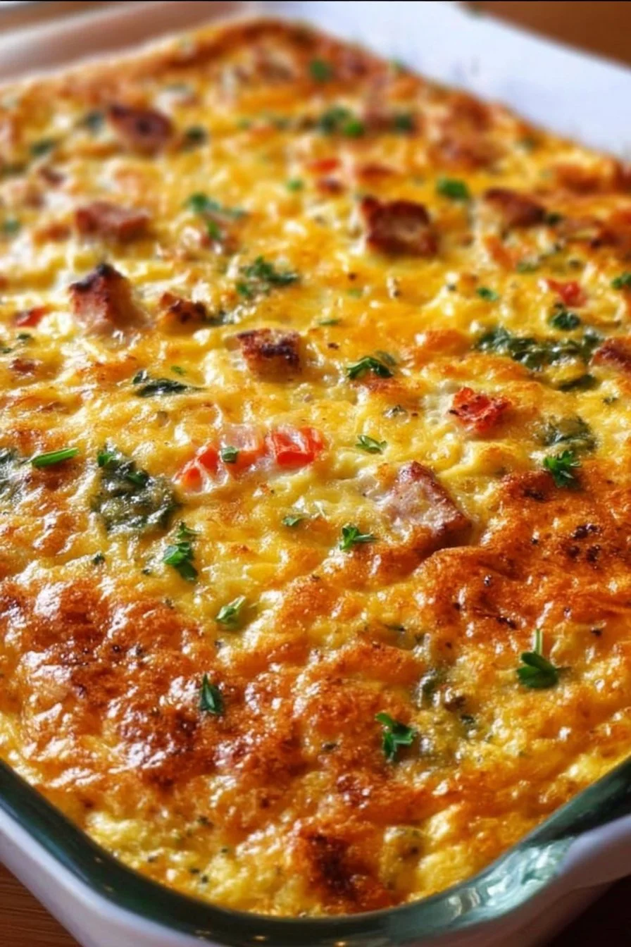 Ina Garten's delicious brunch egg casserole served in a beautiful dish