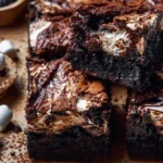 Delicious marshmallow brownies topped with chocolate ganache and creamy marshmallows.