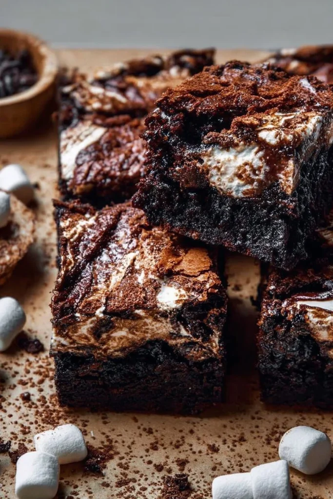 Delicious marshmallow brownies topped with chocolate ganache and creamy marshmallows.