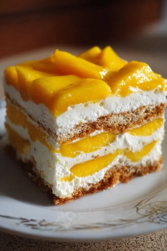 Delicious Mango Float dessert layered with fresh mango, cream, and graham crackers.