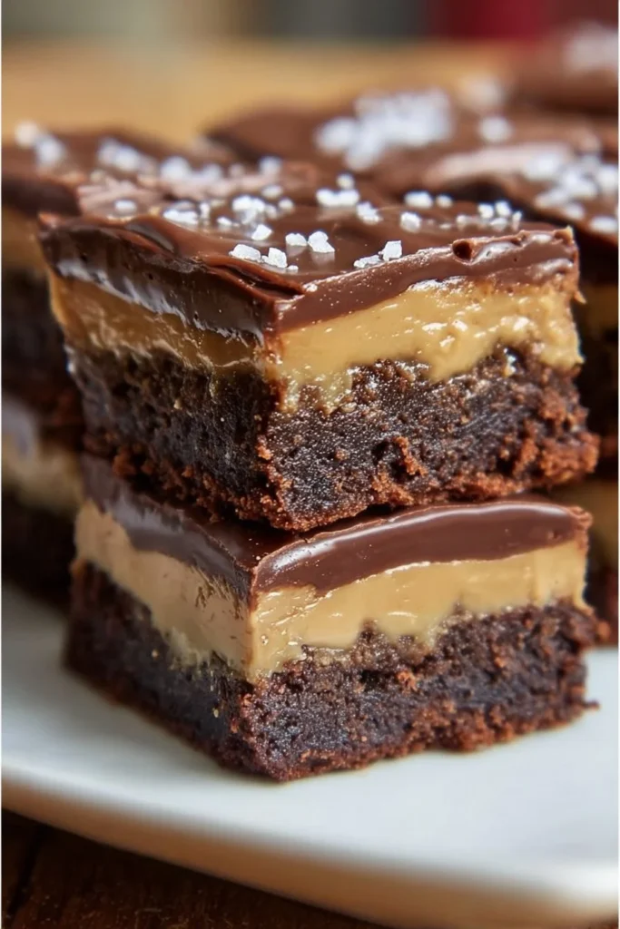 Delicious plate of Buckeye Brownies topped with chocolate and peanut butter frosting