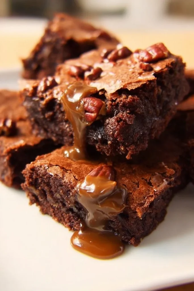 Delicious turtle brownies topped with caramel and pecans