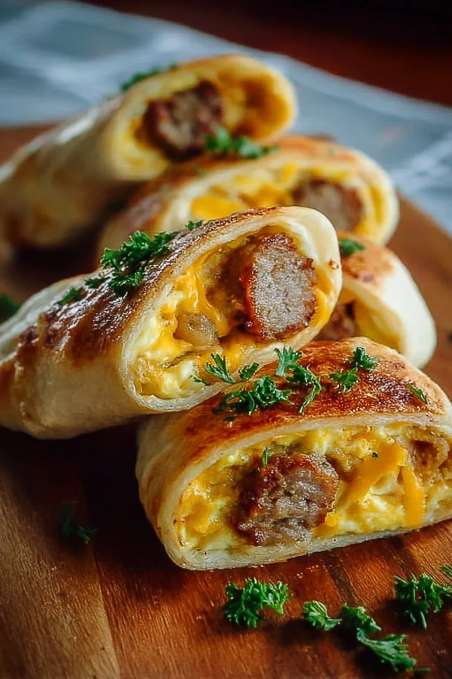 Irresistibly cheesy sausage egg breakfast roll-ups served on a plate