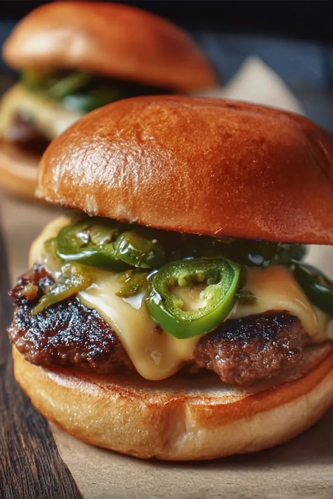 Jalapeño-Onion Smash Burger with juicy meat, fresh jalapeños, and grilled onions.