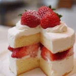 Slice of Japanese Strawberry Shortcake topped with fresh strawberries and whipped cream