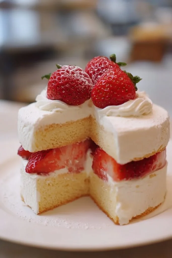 Slice of Japanese Strawberry Shortcake topped with fresh strawberries and whipped cream