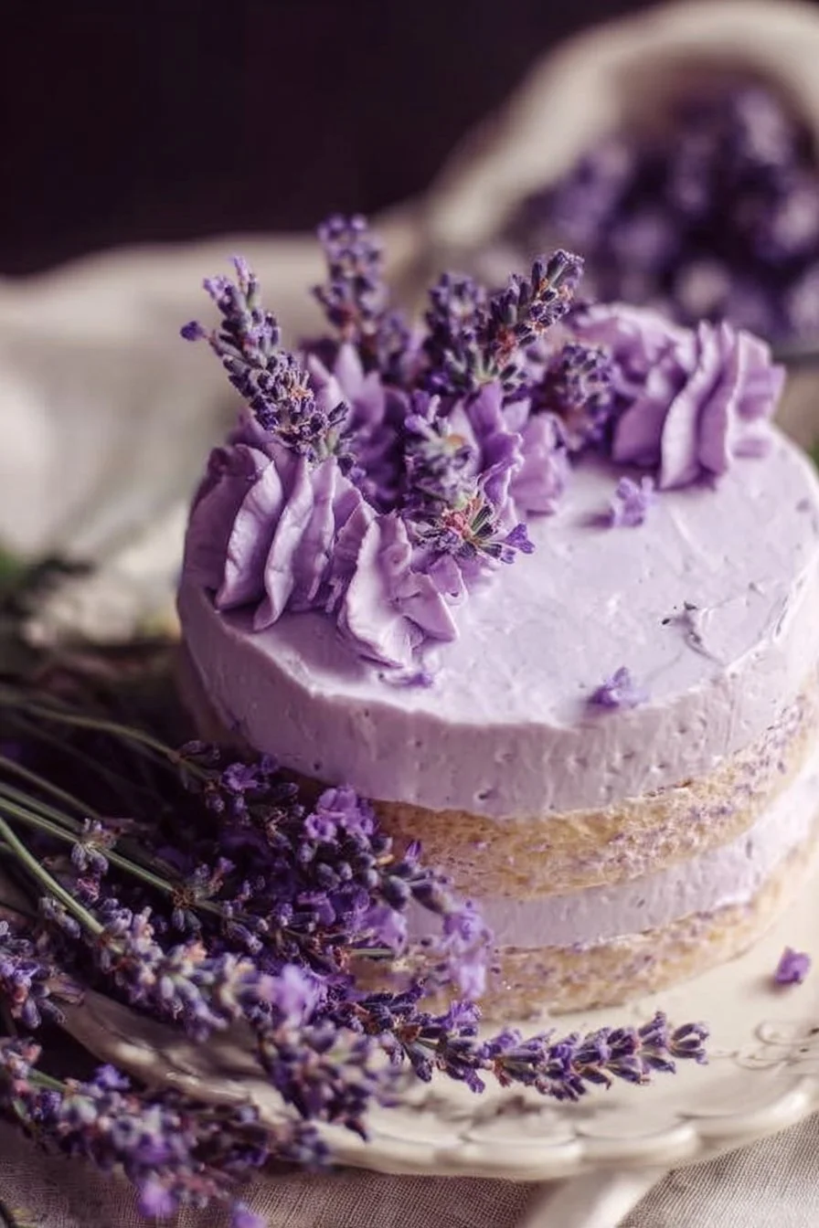 Lavender cake with lavender buttercream frosting on a decorative plate