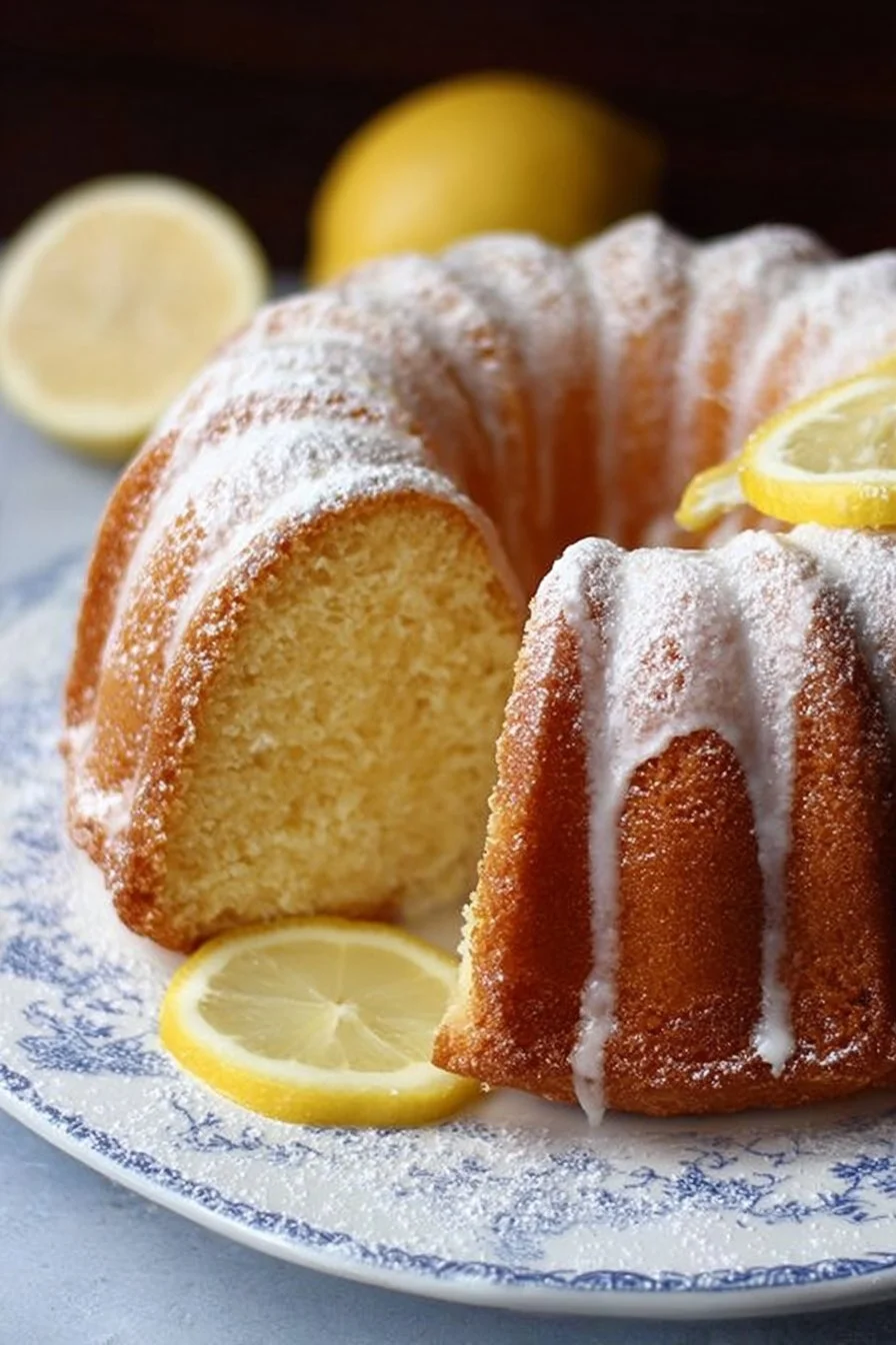 Deliciously moist Lemon Bundt Cake with a beautiful glaze and lemon slices on top.