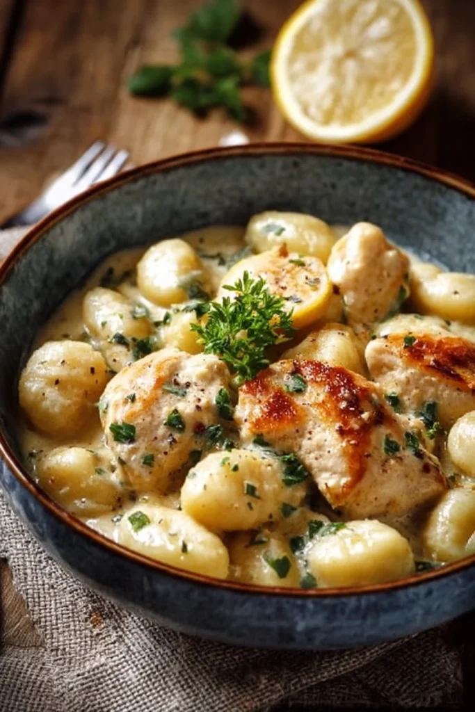 Lemon Chicken Gnocchi served with fresh herbs and lemon slices