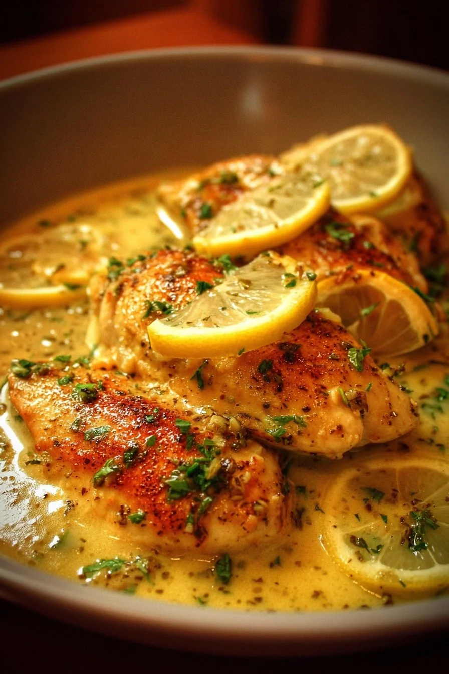 Lemon Dijon Chicken Skillet with fresh herbs and lemon slices