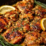 Lemon Garlic Butter Chicken Thighs served with fresh herbs and rice.