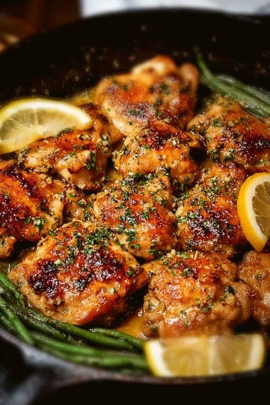 Lemon Garlic Butter Chicken Thighs served with fresh herbs and rice.