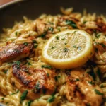 Lemon Garlic Chicken served with orzo pasta and fresh herbs