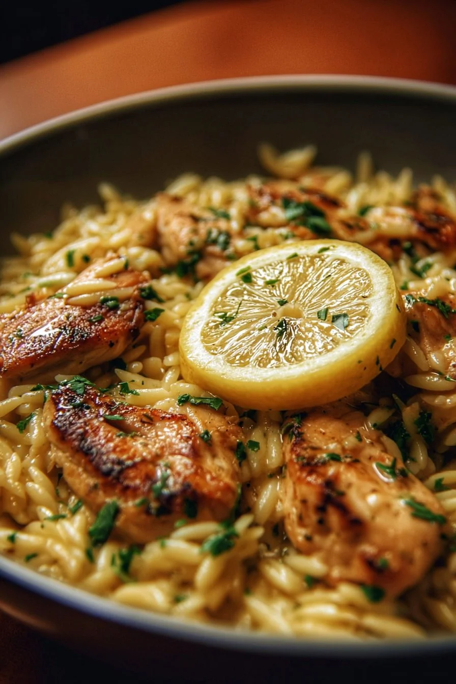 Lemon Garlic Chicken served with orzo pasta and fresh herbs