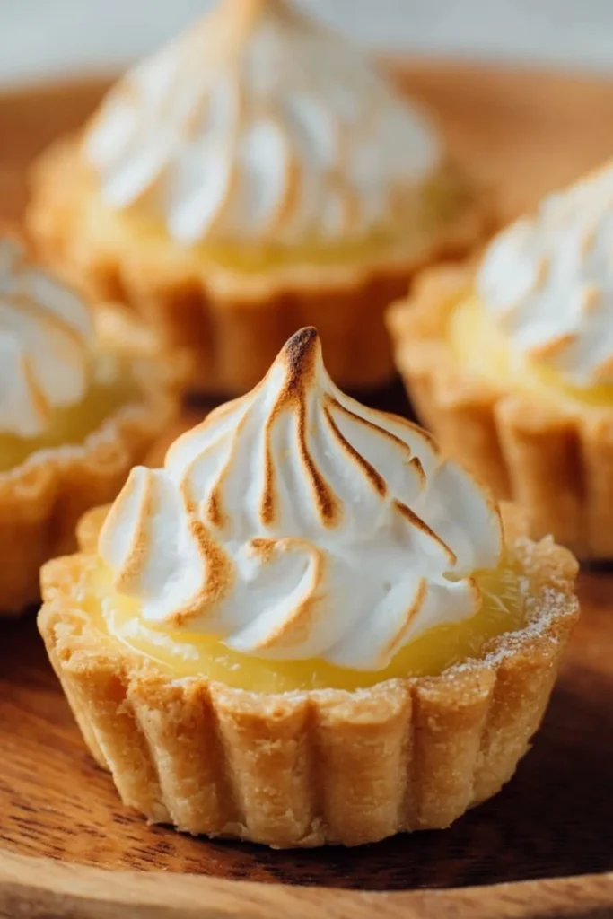 Delicious Lemon Meringue Tartlets with golden meringue topping on a pastry shell