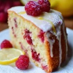 Delicious Lemon Raspberry Cake with fresh lemon and raspberries on top